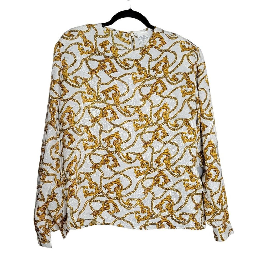 Vintage Bobbie Brooks Long Sleeve Chain Print Secretary Office Blouse White Gold